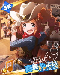 Rule 34 | 10s, 3girls, beamed quavers, brown hair, card (medium), character name, character signature, cowboy hat, fringe trim, futami mami, gloves, green eyes, hat, idolmaster, idolmaster (classic), idolmaster million live!, leather, leather gloves, multiple girls, musical note, nonohara akane, official art, poster (object), sheriff badge, signature, takatsuki yayoi, twintails