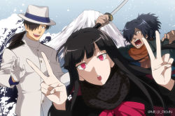 Rule 34 | 1girl, 2boys, angry, artist name, asymmetrical bangs, black hair, black scarf, blunt bangs, bow, bowtie, buttons, collar, collared jacket, double v, fate/grand order, fate (series), gloves, hair over one eye, hat, holding, holding sword, holding weapon, jacket, katana, long hair, long sleeves, looking at viewer, meiji ken, mountain, multiple boys, okada izou (fate), open mouth, orange scarf, oryou (fate), outdoors, ponytail, red bow, red eyes, sakamoto ryouma (fate), scarf, snow, snowing, straight hair, sword, teeth, upper body, v, weapon, white gloves, white headwear, white jacket, winter