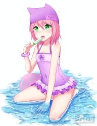 Rule 34 | 1girl, annie (league of legends), ardenlolo, artist name, casual one-piece swimsuit, covered navel, frilled swimsuit, frills, green eyes, league of legends, one-piece swimsuit, pink hair, solo, swimsuit, water