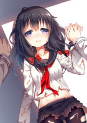 Rule 34 | 10s, 1girl, akatsuki (kancolle), alternate hairstyle, black hair, collarbone, commentary request, hair ribbon, interlocked fingers, kantai collection, long hair, lying, midriff, navel, neckerchief, no headwear, no headwear, on back, open mouth, panties, panties under pantyhose, pantyhose, purple eyes, red neckerchief, ribbon, shirt, skirt, solo focus, torn clothes, torn legwear, torn shirt, torn skirt, underwear, xia xiang (ozicha)