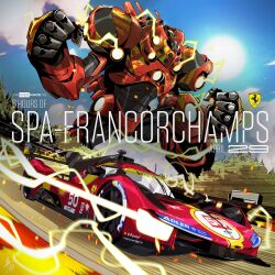 Rule 34 | 2023, alessio moroni, car, clenched hands, commentary, electricity, english commentary, english text, federation internationale de l&#039;automobile, ferrari, ferrari 499p, highres, le mans prototype, mecha, mechanization, motor vehicle, neon trim, no humans, official art, race vehicle, racecar, racetrack, real life, robot, second-party source, signature, vehicle focus