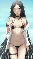 Rule 34 | 1girl, bare shoulders, bikini, black bikini, black choker, black hair, blush, breasts, choker, cowboy shot, dreamer (girls&#039; frontline), girls&#039; frontline, hair ornament, hairclip, highres, long sleeves, looking at viewer, mixed-language commentary, navel, off shoulder, open mouth, outdoors, selcky, sideboob, small breasts, solo, swimsuit, thigh strap, yellow eyes