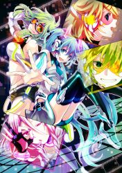 Rule 34 | 1boy, 4girls, :p, braid, detached sleeves, film strip, goggles, gumi, hatsune miku, headphones, highres, ia (vocaloid), kagamine len, kagamine rin, long hair, looking at viewer, multiple girls, open mouth, smile, thighhighs, tongue, tongue out, twin braids, very long hair, vocaloid, yamako (state of children), zettai ryouiki