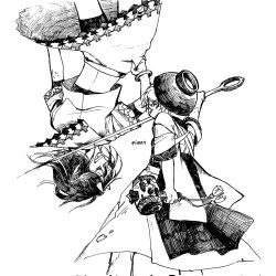 Rule 34 | 2girls, arrow print, bowl, bowl hat, bracelet, commentary, cone horns, greyscale, grin, hat, highres, horns, japanese clothes, jewelry, kijin seija, kimon 102, kimono, long sleeves, looking at viewer, miracle mallet, monochrome, multiple girls, needle sword, sharp teeth, shirt, short hair, simple background, skirt, smile, sukuna shinmyoumaru, symbol-only commentary, teeth, touhou, upside-down