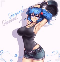 Rule 34 | 1girl, alternate costume, arm up, armpits, arms up, bare arms, belt, bespectacled, black gloves, black one-piece swimsuit, blue eyes, blue hair, blue nails, breasts, cleavage, competition swimsuit, cowboy shot, english text, fingerless gloves, fingernails, glasses, glint, gloves, green hat, hair ornament, hat, hater (hatater), highres, jewelry, kawashiro nitori, key, large breasts, looking at viewer, nail polish, necklace, one-piece swimsuit, rimless eyewear, shiny skin, shirt, short shorts, shorts, simple background, solo, sweat, swimsuit, swimsuit under clothes, taut clothes, taut shirt, touhou, two side up, unworn hat, unworn headwear, viewfinder, white background