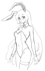 Rule 34 | 1641 (chfhrtor94), 1girl, animal ears, bow, bowtie, breasts, cleavage, covered erect nipples, covered navel, cowboy shot, detached collar, highres, leotard, long hair, looking at viewer, monochrome, playboy bunny, rabbit ears, rabbit girl, reisen udongein inaba, sketch, small breasts, solo, thigh strap, touhou, very long hair, wrist cuffs