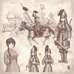 Rule 34 | 1girl, 4boys, absurdres, ahoge, armor, arrow (symbol), boots, bow (weapon), braid, breasts, closed mouth, commentary, dress, english commentary, full body, heavy breathing, helmet, highres, holding, holding bow (weapon), holding polearm, holding sword, holding weapon, horse, large breasts, long hair, looking at viewer, mongolian clothes, monochrome, multiple boys, multiple views, open mouth, original, ostwindprojekt, polearm, riding, single braid, smile, spear, stirrups (riding), sun, sword, weapon