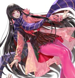 Rule 34 | 1girl, black hair, black skirt, blunt bangs, coat, dutch angle, fate/grand order, fate (series), highres, long hair, long scarf, looking at viewer, nail polish, natsujiru, neckerchief, open clothes, open coat, open mouth, oryou (fate), pantyhose, pink coat, pink eyes, pink pantyhose, pleated skirt, purple scarf, red nails, red neckerchief, scarf, school uniform, serafuku, skirt, smile, solo, v-shaped eyebrows, very long hair, white background