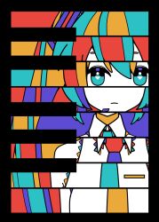 Rule 34 | 1girl, aqua eyes, bare shoulders, black border, border, closed mouth, collared shirt, colored skin, colorful, commentary, expressionless, hair ornament, hatsune miku, highres, long hair, looking at viewer, machigami yoh, multicolored hair, multicolored necktie, necktie, piano keys, shirt, sleeveless, sleeveless shirt, solo, straight-on, twintails, upper body, vocaloid, white skin