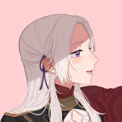 1girl aiguillette blush capelet edelgard_von_hresvelg eyelashes female_focus fire_emblem fire_emblem:_three_houses from_side garreg_mach_monastery_uniform hair_ribbon kotori_(b-i-r-d) lips long_hair nintendo open_mouth parted_bangs pink_background portrait profile purple_eyes purple_ribbon red_capelet ribbon silver_hair simple_background smile solo straight_hair