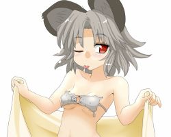 Rule 34 | &gt; &lt;, 1girl, :p, animal ears, blush, bra, breasts, censored, closed eyes, convenient censoring, covering breasts, covering privates, female focus, grey bra, grey hair, holding hands, ishikkoro, lingerie, mouse (animal), mouse ears, nazrin, nude, one eye closed, red eyes, short hair, small breasts, solo, sweat, tongue, tongue out, touhou, towel, trembling, underboob, underwear, upper body, wink