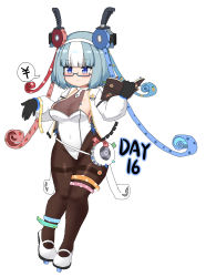 Rule 34 | 1girl, absurdres, bailingxiao jiu, black-framed eyewear, black gloves, blue eyes, blue hair, blush, book, breasts, brown pantyhose, cleavage, closed mouth, full body, glasses, gloves, groin, highres, holding, holding book, jacket, leotard, long sleeves, medium breasts, multicolored hair, open book, open clothes, open jacket, original, pantyhose, puffy long sleeves, puffy sleeves, see-through, semi-rimless eyewear, shoes, simple background, solo, two-tone hair, under-rim eyewear, white background, white footwear, white hair, white jacket, white leotard