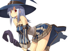 Rule 34 | 1girl, angry, bent over, breasts, fantasy earth, fantasy earth zero, hat, large breasts, long hair, looking at viewer, narrow waist, no bra, red eyes, shingo (missing link), silver hair, simple background, solo, staff, white background, witch, witch hat