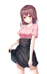 Rule 34 | 1girl, absurdres, black skirt, breasts, brown hair, collarbone, commentary request, highres, looking at viewer, medium breasts, medium hair, original, pink shirt, red eyes, sarika, shirt, short sleeves, simple background, skirt, smile, solo, white background
