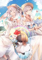 Rule 34 | 2girls, anastasia (fate), anastasia (swimsuit archer) (fate), anastasia (swimsuit archer) (first ascension) (fate), bare shoulders, blue dress, blue eyes, blue sky, blush, bracelet, breasts, collarbone, doll, dress, earrings, fate/grand order, fate (series), food, grin, hair over one eye, hat, highres, jewelry, large breasts, long hair, looking at viewer, marie antoinette (fate), marie antoinette (fate/grand order), marie antoinette (swimsuit caster) (fate), marie antoinette (swimsuit caster) (second ascension) (fate), medium breasts, multiple girls, necklace, no-kan, pendant, see-through, see-through skirt, shaved ice, silver hair, skirt, sky, smile, straw hat, sun hat, very long hair, viy (fate), white dress