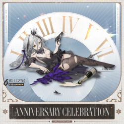 Rule 34 | 1girl, alcohol, anniversary, artist request, black dress, black footwear, black thighhighs, bottle, breasts, champagne, champagne bottle, character name, chiappa firearms, chiappa rhino, chinese text, copyright name, crown, dial, dress, floral print, full body, girls&#039; frontline, grey hair, gun, hair ornament, hair ribbon, handgun, high heels, holding, holding gun, holding weapon, jewelry, long hair, looking at viewer, low bore axis revolver, lying, multicolored hair, necklace, official alternate costume, official art, on floor, on side, open mouth, promotional art, purple ribbon, revolver, rhino (girls&#039; frontline), rhino (lunar crown) (girls&#039; frontline), ribbon, simple background, small breasts, solo, spill, streaked hair, thighhighs, thighs, torn clothes, torn dress, torn thighhighs, weapon, yellow eyes