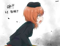 Rule 34 | 1girl, bad id, bad twitter id, black hat, black jacket, brown eyes, brown hair, commentary request, dated, explosion, frown, garrison cap, girls und panzer, hat, jacket, kiroshi, korean commentary, korean text, kuromorimine military uniform, leaning forward, long sleeves, looking to the side, military, military hat, military uniform, nishizumi miho, open mouth, red skirt, short hair, skirt, smoke, solo, tank cupola, uniform