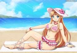 Rule 34 | 1girl, beach, bikini, blonde hair, blue eyes, blue sky, breasts, cleavage, day, elf, full body, gem, grin, hat, highres, jewelry, large breasts, legs, long hair, looking at viewer, navel, necklace, nintendo, pointy ears, princess zelda, shiny skin, sidelocks, sitting, sky, smile, solo, swimsuit, the legend of zelda, the legend of zelda: a link between worlds, the legend of zelda: a link to the past, thighs, tiara, water