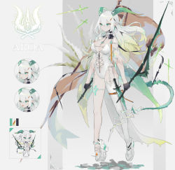 Rule 34 | 1girl, bare shoulders, breasts, center opening, cleavage, dagger, detached sleeves, dual wielding, earrings, flag, gradient hair, green eyes, holding, holding sword, holding weapon, horns, jewelry, knife, large breasts, leotard, long hair, multicolored hair, natsuiro xx, original, pointy ears, reverse grip, shoes, single thighhigh, solo, sword, tail, thigh strap, thighhighs, weapon, white footwear, white hair, white leotard, white thighhighs, wide sleeves