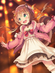 Rule 34 | 1girl, acorn, aki (akisora hiyori), ayunda risu, ayunda risu (1st costume), beige dress, bow, breasts, brown choker, brown hair, choker, clothing cutout, collarbone, fur choker, green eyes, highres, hololive, hololive indonesia, hood, hoodie, lens flare, low twintails, medium breasts, open hands, open mouth, pink hoodie, red bow, shoulder cutout, smile, solo, thighhighs, twintails, virtual youtuber