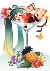 Rule 34 | 1girl, boots, cherry, closed eyes, cocktail, flower, food, fruit, glass, hatsune miku, headphones, long hair, mao yu, mini person, minigirl, solo, thigh boots, thighhighs, twintails, vocaloid