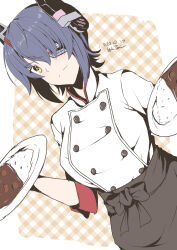 Rule 34 | 1girl, alternate costume, apron, black apron, buttons, chef, commentary request, cowboy shot, curry, curry rice, double-breasted, dutch angle, eyepatch, food, headgear, highres, kantai collection, purple hair, rice, shirt, short hair, solo, taira yuuki, tenryuu (kancolle), white shirt, yellow eyes