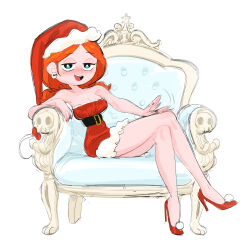Rule 34 | 1girl, absurdres, chair, dress, hat, high heels, highres, katie (kyu-bum lee), kyu-bum lee, legs, off shoulder, orange hair, red heels, santa dress, santa hat, sitting