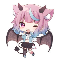 Rule 34 | 1girl, ;d, absurdres, animal ear fluff, animal ears, black footwear, black skirt, blue bow, blue hair, blue jacket, bow, brown wings, chibi, collared shirt, demon girl, demon horns, demon tail, demon wings, dress shirt, ear piercing, earrings, fang, frilled skirt, frills, full body, gradient hair, grey thighhighs, heart o-ring, highres, horns, iriam, jacket, jewelry, long sleeves, midriff, multicolored hair, navel, official art, one eye closed, open clothes, open jacket, open mouth, piercing, pink hair, purple eyes, sakuma miku, sapphire (sapphire25252), shirt, shoes, simple background, skirt, sleeves past wrists, smile, solo, standing, standing on one leg, stud earrings, tail, thigh strap, thighhighs, virtual youtuber, white background, white bow, white shirt, wings