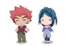 Rule 34 | 1boy, 1girl, asuka yuuma, blue hair, mizuki (onmyou taisenki), onmyou taisenki, red hair, simple background, white background