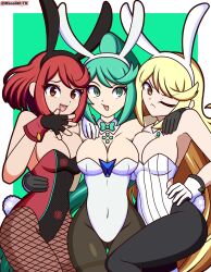 Rule 34 | 3girls, animal ears, annoyed, black gloves, blonde hair, bow, bowtie, breasts, cleavage, fake animal ears, fake tail, female focus, fingerless gloves, fishnet pantyhose, fishnets, friends, gloves, green eyes, green hair, grin, hairband, hand on own hip, highres, large breasts, legs, leotard, long hair, looking at viewer, matching hair/eyes, medium breasts, multiple girls, multiple persona, mythra (xenoblade), nintendo, one eye closed, pantyhose, playboy bunny, pneuma (xenoblade), pneuma (xenoblade 2), ponytail, pyra (xenoblade), rabbit ears, rabbit tail, red eyes, red hair, smile, standing, strapless, strapless leotard, tail, thigh gap, white gloves, wink, wrist cuffs, xenoblade chronicles (series), xenoblade chronicles 2