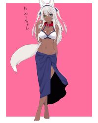 Rule 34 | 1girl, animal ear fluff, animal ears, bare arms, bare shoulders, barefoot, bikini, bikini top only, blue eyes, blue ribbon, breasts, cleavage, closed mouth, collar, collarbone, crossed legs, dark-skinned female, dark skin, fox ears, fox girl, fox tail, green eyes, groin, hair between eyes, hair ribbon, hand up, head tilt, heterochromia, highres, kiyomin, large breasts, long hair, looking at viewer, navel, original, pink background, red collar, ribbon, sarong, silver hair, smile, solo, standing, swimsuit, tail, translation request, two-tone background, two side up, very long hair, watson cross, white background, white bikini