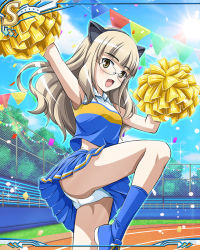 Rule 34 | 1girl, alternate costume, animal ears, aohashi ame, arms up, blonde hair, blue footwear, blue skirt, blue socks, cat ears, cheerleader, collared shirt, confetti, cross-laced footwear, crotch seam, day, fake animal ears, fence, glasses, holding, leg up, long hair, looking at viewer, midriff, miniskirt, multicolored shirt, official art, open mouth, outdoors, panties, pantyshot, perrine h. clostermann, pleated skirt, pom pom (cheerleading), shirt, shoes, skirt, sleeveless, sleeveless shirt, smile, sneakers, socks, solo, sparkle, standing, strike witches, striped clothes, striped skirt, track and field, underwear, white panties, world witches series, yellow eyes