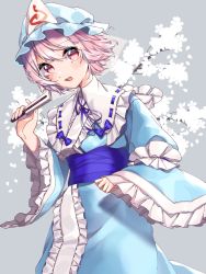 Rule 34 | 1girl, belt, blue dress, blue hat, blue kimono, blush, bow, bowtie, branch, breasts, collar, collared dress, dress, eyes visible through hair, flower, frills, grey background, hair between eyes, hand fan, hand up, hat, highres, japanese clothes, kimono, long sleeves, looking to the side, medium breasts, mob cap, open mouth, petals, pink eyes, pink hair, purple belt, purple bow, purple bowtie, saigyouji yuyuko, simple background, solo, standing, teeth, tongue, touhou, triangular headpiece, white flower, wide sleeves, yukiwari (warr4854)