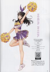 Rule 34 | 1girl, absurdres, arm up, armpits, black hair, breasts, cheerleader, full body, highres, holding, leg up, long hair, looking at viewer, midriff, navel, open mouth, original, page number, pleated skirt, pom pom (cheerleading), ribbon, scan, shoes, skirt, sleeveless, small breasts, smile, sneakers, solo, stomach, teeth, tony taka, upper teeth only