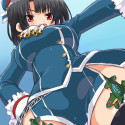 Rule 34 | 10s, 1girl, aircraft, airplane, ascot, beret, black hair, black thighhighs, blue background, dd (ijigendd), from below, garter straps, hand on own hip, hat, kantai collection, personification, red eyes, short hair, simple background, skirt, solo, takao (kancolle), thighhighs