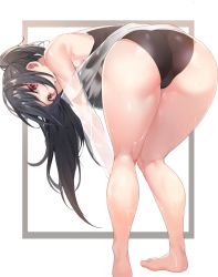 Rule 34 | 1girl, :o, ass, bent over, black hair, black one-piece swimsuit, breasts, commentary, commission, from behind, k pring, kneepits, large breasts, legs, long hair, looking at viewer, looking back, one-piece swimsuit, original, parted lips, ponytail, red eyes, simple background, solo, swimsuit, thighs, wet, white background