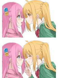 Rule 34 | 2girls, ahoge, blonde hair, blue eyes, blush, bocchi the rock!, bow, closed eyes, closed mouth, comic, commentary, cube hair ornament, eye contact, eyelashes, finger to mouth, friends, from side, frown, gotoh hitori, green jacket, grin, hair between eyes, hair ornament, hands up, heads together, ijichi nijika, index finger raised, jacket, kanaria hisagi, lips, long hair, looking at another, multiple girls, one side up, open mouth, pink hair, pink jacket, profile, red bow, school uniform, shushing, side ponytail, sidelocks, simple background, smile, white background, yellow eyes