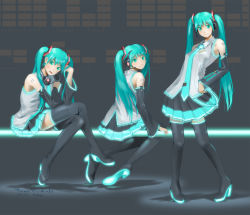 Rule 34 | 3girls, aqua eyes, aqua hair, bad id, bad pixiv id, bare shoulders, blush, boots, clone, detached sleeves, glowing, hand on own hip, hatsune miku, headphones, headphones around neck, headset, highres, long hair, looking at viewer, looking back, multiple girls, multiple persona, necktie, open mouth, robot (santouhei), sitting, skirt, smile, standing, thigh boots, thighhighs, twintails, very long hair, vocaloid, zettai ryouiki
