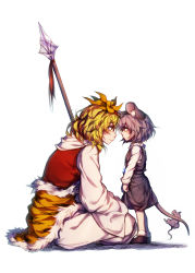 Rule 34 | 2girls, animal ears, animal print, black footwear, black hair, blonde hair, eye contact, full body, grey hair, grey skirt, hair ornament, highres, indian style, jewelry, long sleeves, looking at another, mouse (animal), mouse ears, mouse tail, multicolored hair, multiple girls, nazrin, pendant, polearm, red eyes, shoes, short hair, simple background, sitting, skirt, socks, spear, standing, streaked hair, tail, tiger print, toramaru shou, touhou, two-tone hair, vest, weapon, white background, white legwear, yellow skirt, yudaoshan