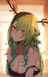 Rule 34 | 1girl, antlers, blush, braid, branch, breasts, ceres fauna, cleavage, closed mouth, flower, green hair, hair ornament, highres, hololive, hololive english, horns, kotodekun, large breasts, lingerie, long hair, looking at viewer, mole, mole under eye, multicolored hair, smile, solo, streaked hair, underwear, upper body, virtual youtuber, yellow eyes
