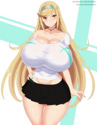 Rule 34 | 1girl, bare shoulders, blonde hair, blouse, breasts, cleavage, huge breasts, kainkout, long hair, looking at viewer, mythra (xenoblade), nail polish, nintendo, shirt, skirt, smile, solo, thighs, xenoblade chronicles (series), xenoblade chronicles 2, yellow eyes