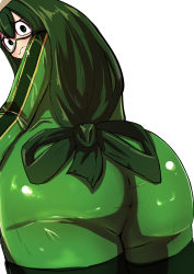 Rule 34 | 1girl, ass, asui tsuyu, black hair, blush, bodysuit, boku no hero academia, frog girl, from behind, huge ass, long hair, looking at viewer, looking back, pauel, solo, thick thighs, thighhighs, thighs, white background, wide hips