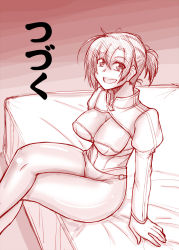 Rule 34 | 1girl, :d, arm support, bed, boudica (fate), breasts, cleavage, comic, crossed legs, fate/grand order, fate (series), highres, large breasts, looking at viewer, mitsurugi tsurugi, monochrome, on bed, open mouth, red theme, short hair, sitting, sketch, smile, solo, translated, underwear