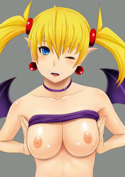 Rule 34 | 1girl, ;d, aq interactive, arcana heart, atlus, blonde hair, blue eyes, blush, body blush, breasts, breasts squeezed together, choker, clothes lift, collarbone, demon girl, earrings, examu, fangs, jewelry, lilica felchenerow, looking at viewer, nipples, one eye closed, open mouth, pointy ears, shirt lift, short twintails, simple background, smile, solo, strapless, tomatto (@ma!), tube top, tube top lift, twintails, upper body, wings, wink