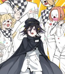 Rule 34 | 2girls, 3boys, black cape, blush, cape, checkered clothes, checkered scarf, clown mask, commentary request, crossed arms, danganronpa (series), danganronpa v3: killing harmony, fang, hair between eyes, happy, hat, heart, highres, male focus, mask, multiple boys, multiple girls, no?, oma kokichi, open mouth, purple eyes, purple hair, scarf, short hair, sketch, skin fang, smug, sparkle, standing, straitjacket, yellow background