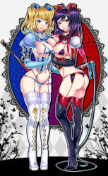 Rule 34 | 2girls, arm belt, arm garter, ass, bad id, bad pixiv id, belt, bikini, black gloves, black hair, blonde hair, blue eyes, blue gloves, blue hair, boots, breast press, breasts, collar, corset, covered erect nipples, cross-laced footwear, elbow gloves, garter straps, gloves, high heel boots, high heels, holding hands, interlocked fingers, large breasts, lingerie, long hair, matsurika youko, multicolored hair, multiple girls, original, own hands together, panties, pink hair, puffy sleeves, purple hair, red eyes, sailor collar, school uniform, shoes, string bikini, string panties, thigh boots, thighhighs, thighhighs under boots, thong, twintails, two-tone hair, underwear, whip