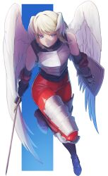 Rule 34 | 1girl, aduti momoyama, angel, angel wings, arm shield, armor, black gloves, blonde hair, blue eyes, braid, breastplate, closed mouth, detached sleeves, feathered wings, gloves, head wings, highres, holding, holding sword, holding weapon, ochlys (unicorn overlord), short hair, side braids, solo, sword, twin braids, unicorn overlord, weapon, wings