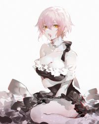 Rule 34 | 1girl, alternate costume, black bow, black dress, blood, blood from mouth, blood on breasts, blood on face, bow, collarbone, dress, dripping, eyes visible through hair, gem, hair between eyes, highres, jeanne (vanitas no carte), jewelry, light particles, necklace, nevakuma (fanfanas), off-shoulder dress, off shoulder, orange eyes, pale skin, pearl (gemstone), pearl necklace, pink hair, short hair, simple background, solo, vampire, vanitas no carte, white background