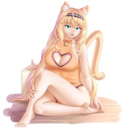 Rule 34 | 1girl, absurdres, animal ear fluff, animal ears, bare shoulders, barefoot, bell, blonde hair, bow, bowtie, breasts, cat ears, cat girl, cat tail, cleavage, cleavage cutout, clothing cutout, dress, fangs, green eyes, hair between eyes, heart, highres, large breasts, long hair, looking at viewer, maple (nekopara), medium breasts, nekopara, simple background, solo, tail, takie arts
