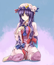 Rule 34 | 1girl, bad id, bad pixiv id, barefoot, blush, bow, crescent, crescent hat ornament, crescent moon, female focus, hair bow, hat, hat ornament, long hair, moon, necktie, patchouli knowledge, purple eyes, purple hair, shibasaki shouji, sitting, solo, touhou